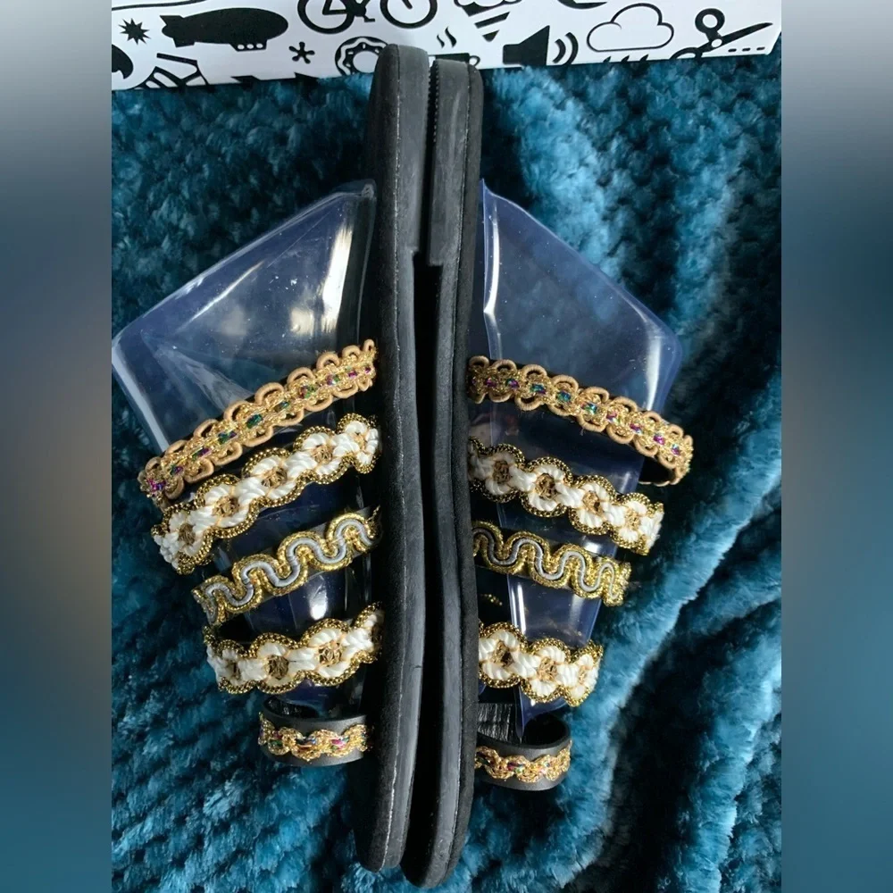 🌸BAMBOO Black & Gold Jeweled Strap Strappy Sandals in box.New! 4 sizes.